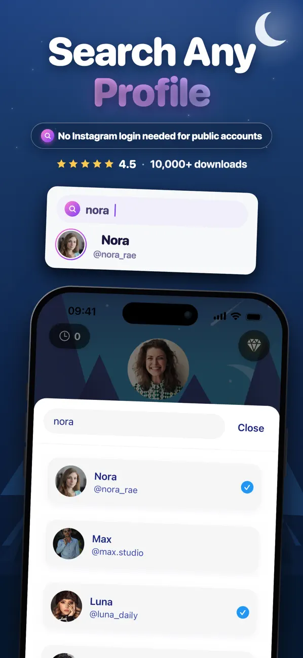 LastFollow App Store screenshot: searching Instagram usernames to pick a public profile to track